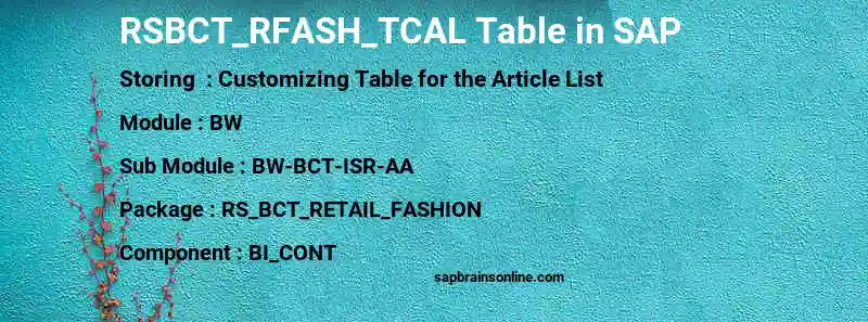 SAP RSBCT_RFASH_TCAL table