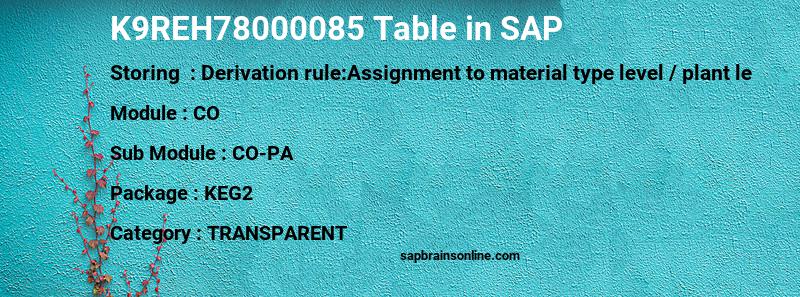 SAP K9REH78000085 table
