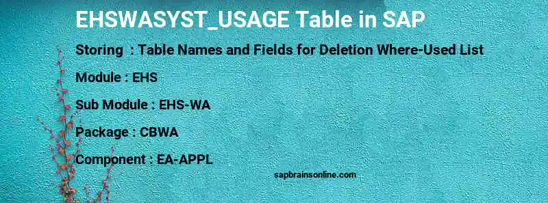 SAP EHSWASYST_USAGE table