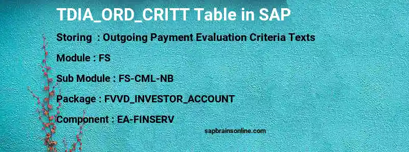 SAP TDIA_ORD_CRITT table