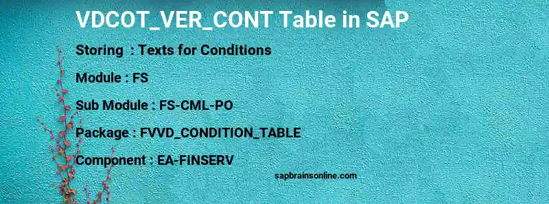 SAP VDCOT_VER_CONT table