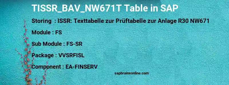 SAP TISSR_BAV_NW671T table