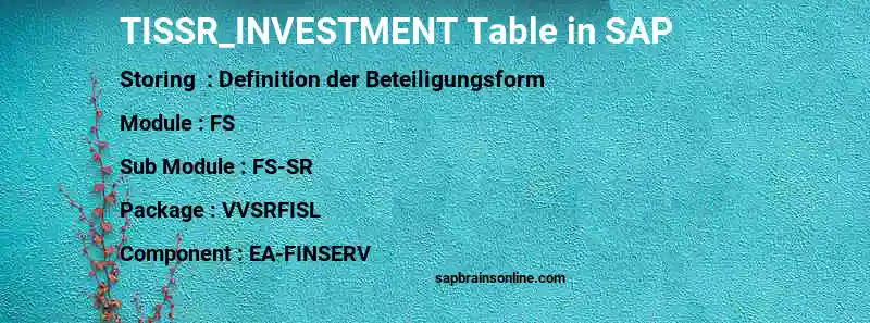 SAP TISSR_INVESTMENT table