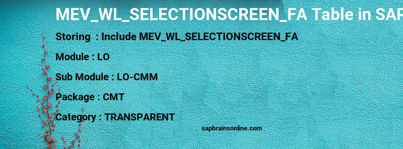 SAP MEV_WL_SELECTIONSCREEN_FA table