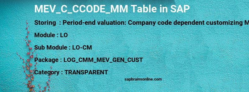 SAP MEV_C_CCODE_MM table