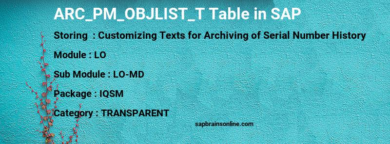 SAP ARC_PM_OBJLIST_T table