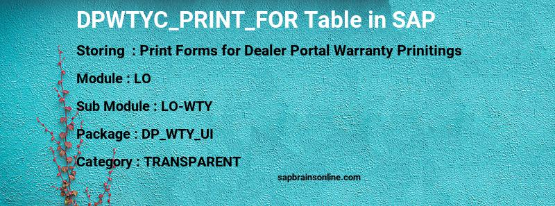 SAP DPWTYC_PRINT_FOR table