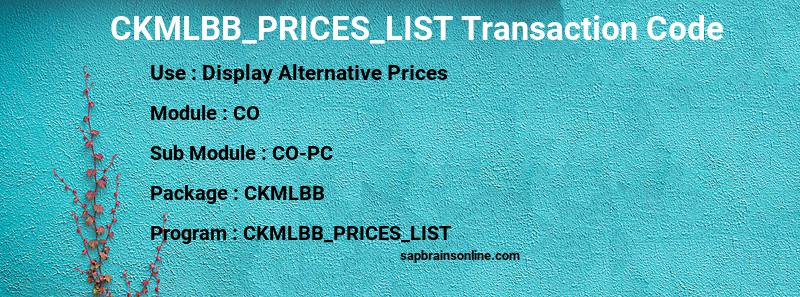 SAP CKMLBB_PRICES_LIST transaction code