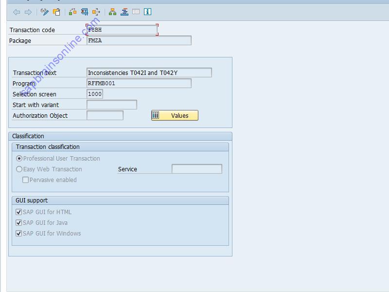 SAP F8BH tcode technical details