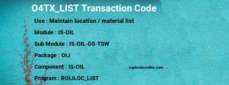 SAP O4TX_LIST transaction code