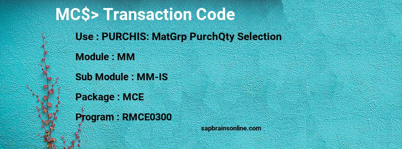 SAP MC$> transaction code” class=”img img-responsive”></p><p>It comes under the package MCE.When we execute this transaction code, RMCE0300 is the normal standard SAP program that is being executed in background.</p><div style=background-color:#337ab7;padding:5px;><script async src=