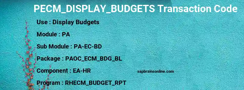 SAP PECM_DISPLAY_BUDGETS transaction code