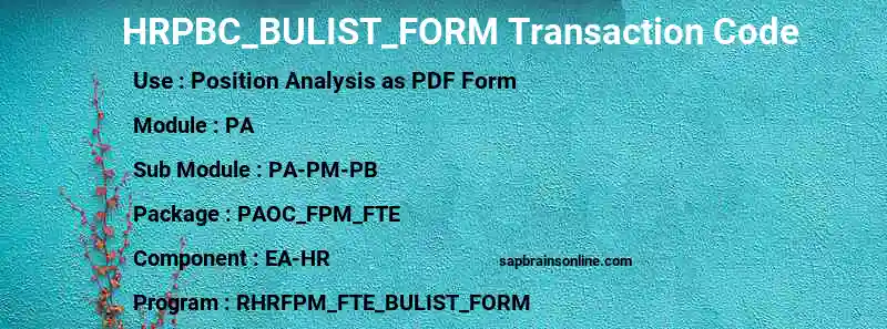 SAP HRPBC_BULIST_FORM transaction code