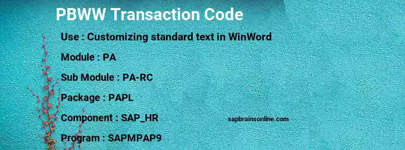 SAP PBWW transaction code