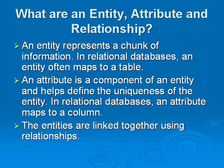 57_What are an Entity Attribute and Relationship